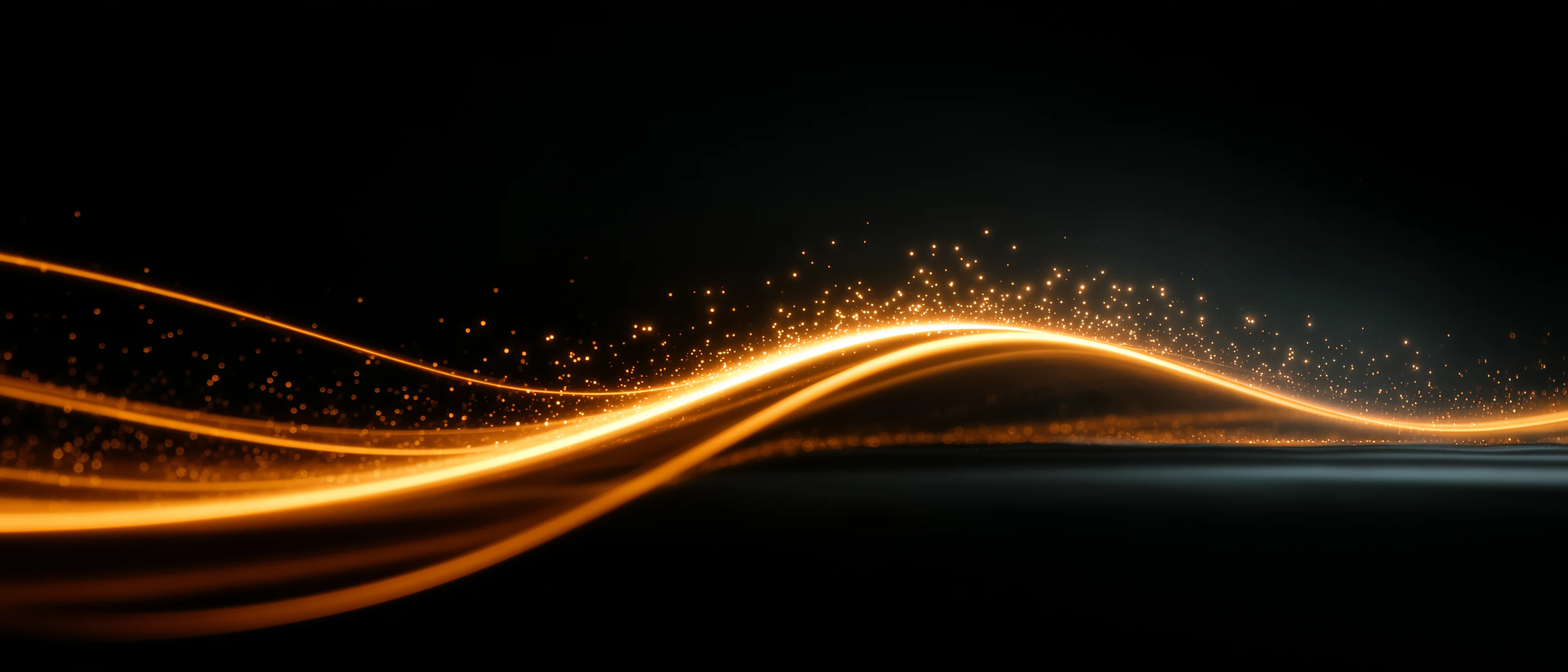 MainThread Studio's Golden Thread signature — luminous amber trajectories rendered as long-exposure light-painting, the studio's visualization of Possibility Space Engineering